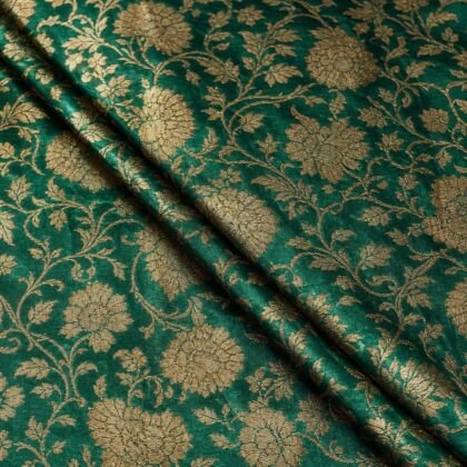 KashiFab Banarasi brocade fabric online — emerald gold floral weave