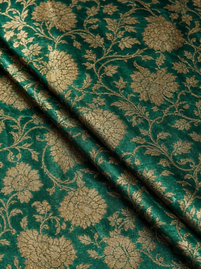 KashiFab Banarasi brocade fabric online — emerald gold floral weave