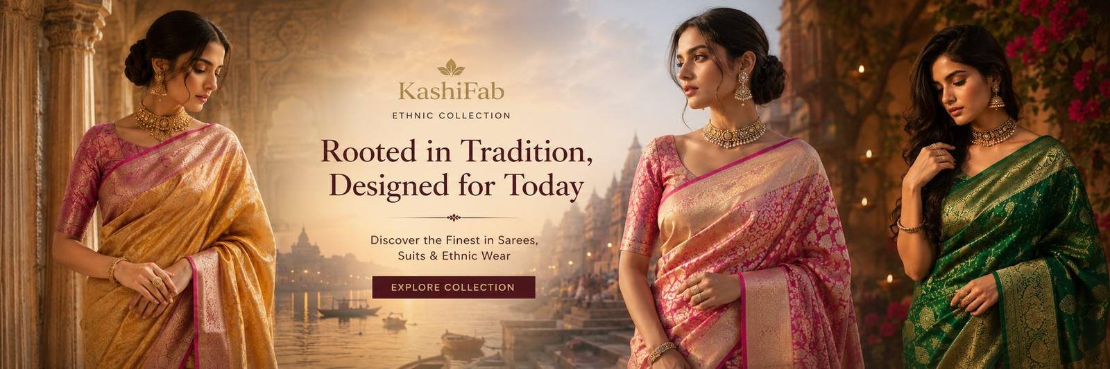 KashiFab ethnic collection featuring models in Banarasi silk sarees on the Varanasi ghats