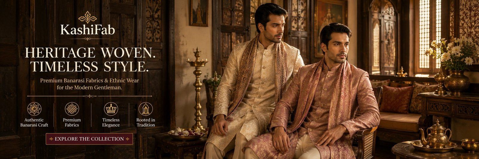 KashiFab Banarasi silk sherwanis online — timeless menswear collection from Varanasi