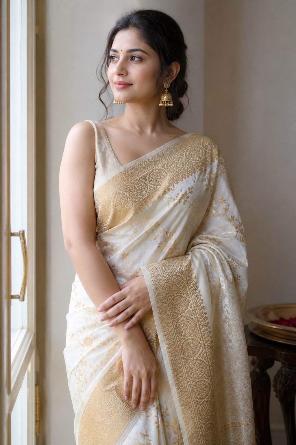 KashiFab model in ivory gold Banarasi silk saree online - Varanasi heritage weave