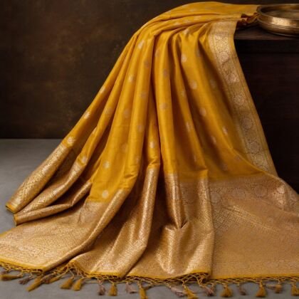 KashiFab handloom Banarasi saree online — festive mustard Varanasi