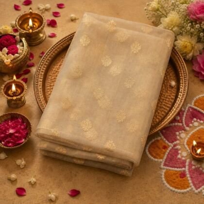 KashiFab organza kora saree online - ivory zari Banarasi sheer saree