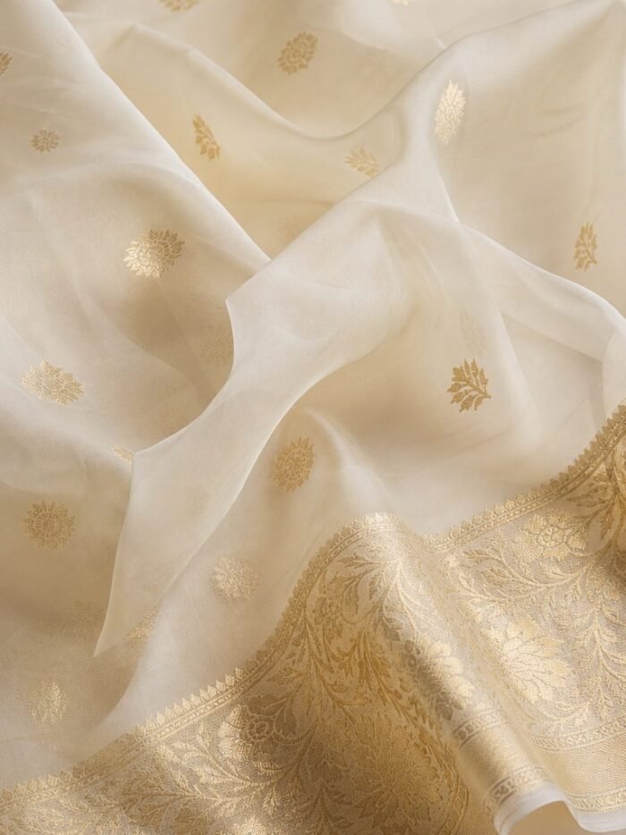 KashiFab organza silk fabric online — ivory zari Banaras weave
