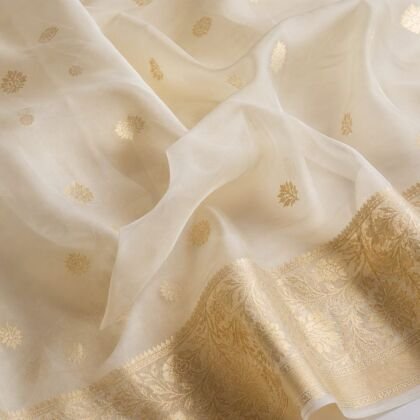 KashiFab organza soft silk fabric online - ivory zari Banarasi sheer weave