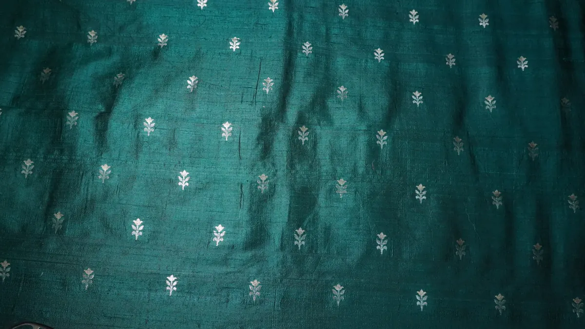 KashiFab Banarasi Pure Raw Silk Zari Booti Teal fabric wholesale Varanasi