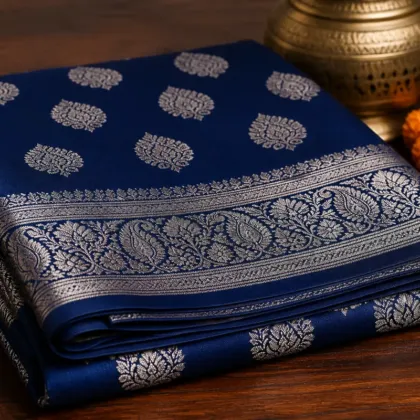 KashiFab Cotton Jacquard Zari Banarasi Fabric folded on table - Banaras fabric cover