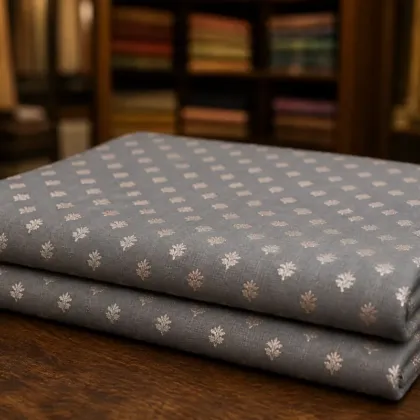 KashiFab Cotton Jacquard Zari Banarasi Fabric folded on table - Banaras fabric cover