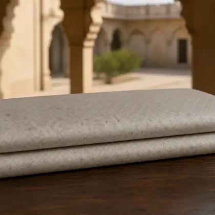 KashiFab Cotton Jacquard Zari Banarasi Fabric folded on table - Banaras fabric cover