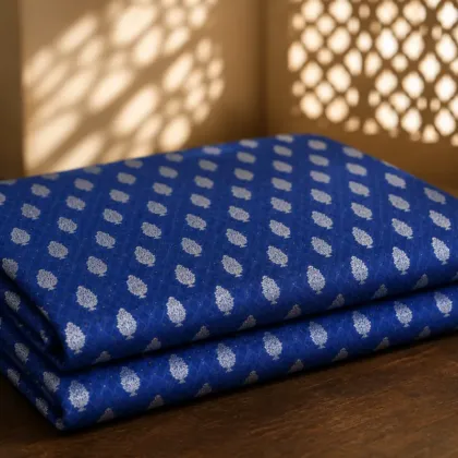 KashiFab Cotton Jacquard Zari Banarasi Fabric folded on table - Banaras fabric cover