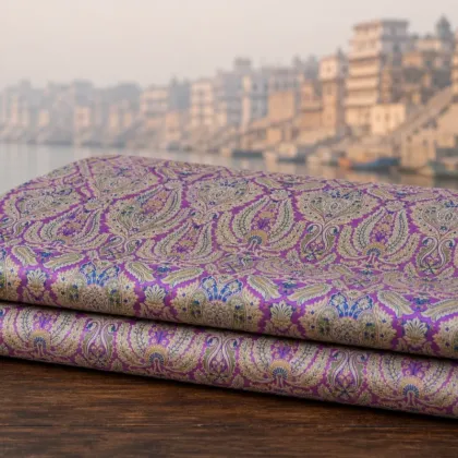 KashiFab Banarasi Kimkhab Brocade folded on table - Banaras fabric cover
