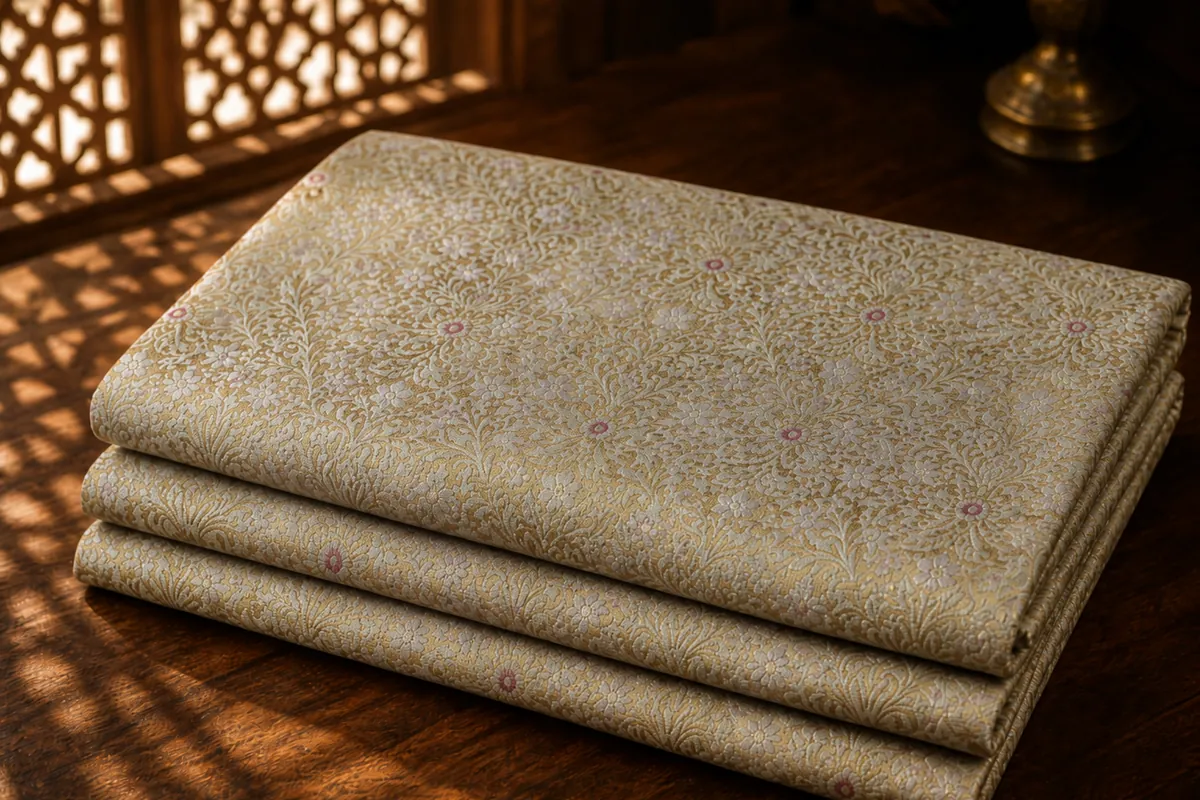 KashiFab_cho_card1_kimkhab_u20_cover-1 KashiFab Banarasi Kimkhab Brocade folded on table - Banaras fabric cover