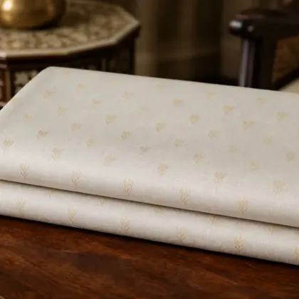 KashiFab Banarasi Pure Munga Zari Meena Buti folded on table - Banaras fabric cover