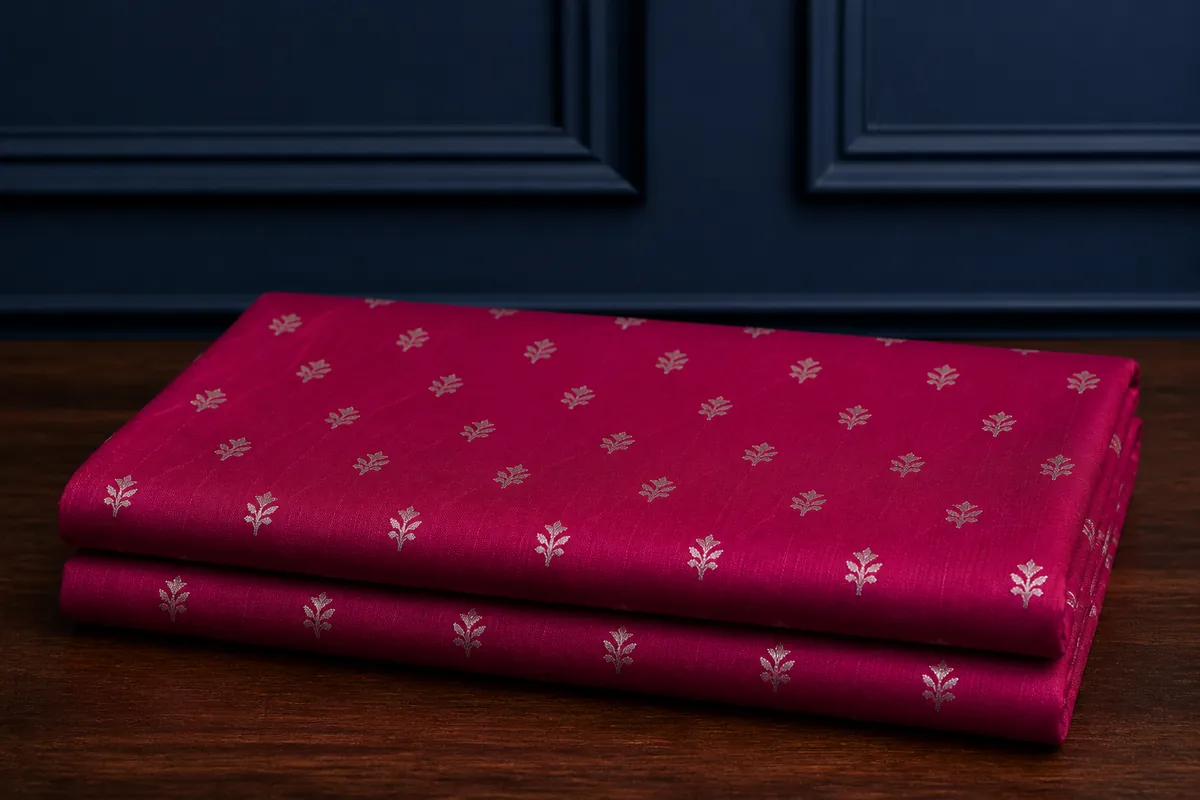 KashiFab_cho_card1_raw_silk_booti_u01_cover-1 KashiFab Banarasi Pure Raw Silk Zari Booti folded on table - Banaras fabric cover