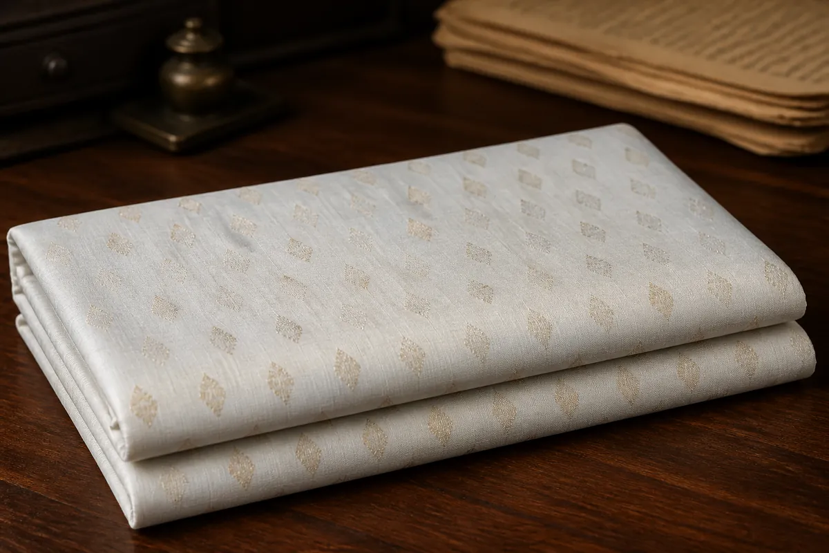 KashiFab_cho_card1_raw_silk_booti_u07_cover-1 KashiFab Banarasi Pure Raw Silk Zari Booti folded on table - Banaras fabric cover