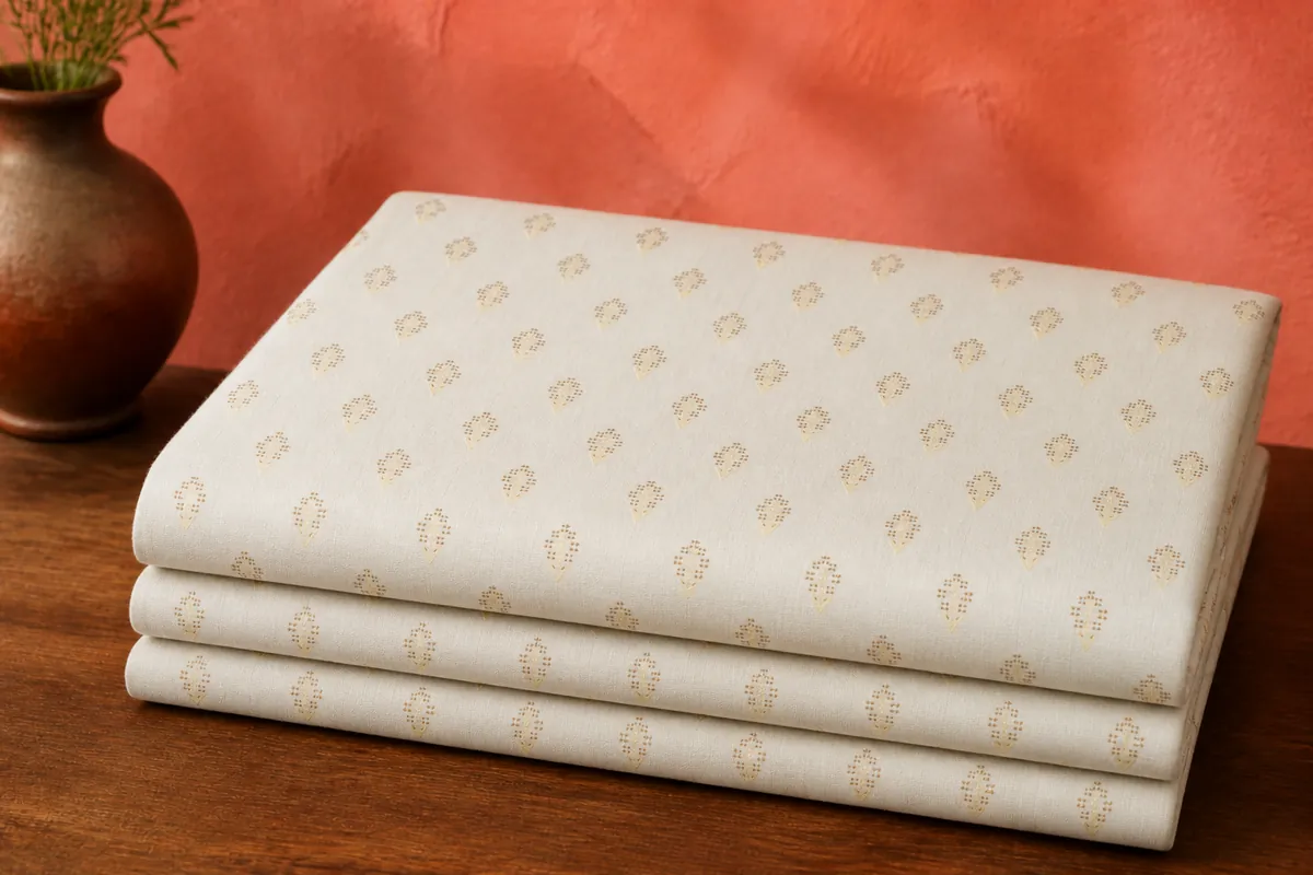 KashiFab Banarasi Pure Resham Cotton Meena Jacquard folded on table - Banaras fabric cover