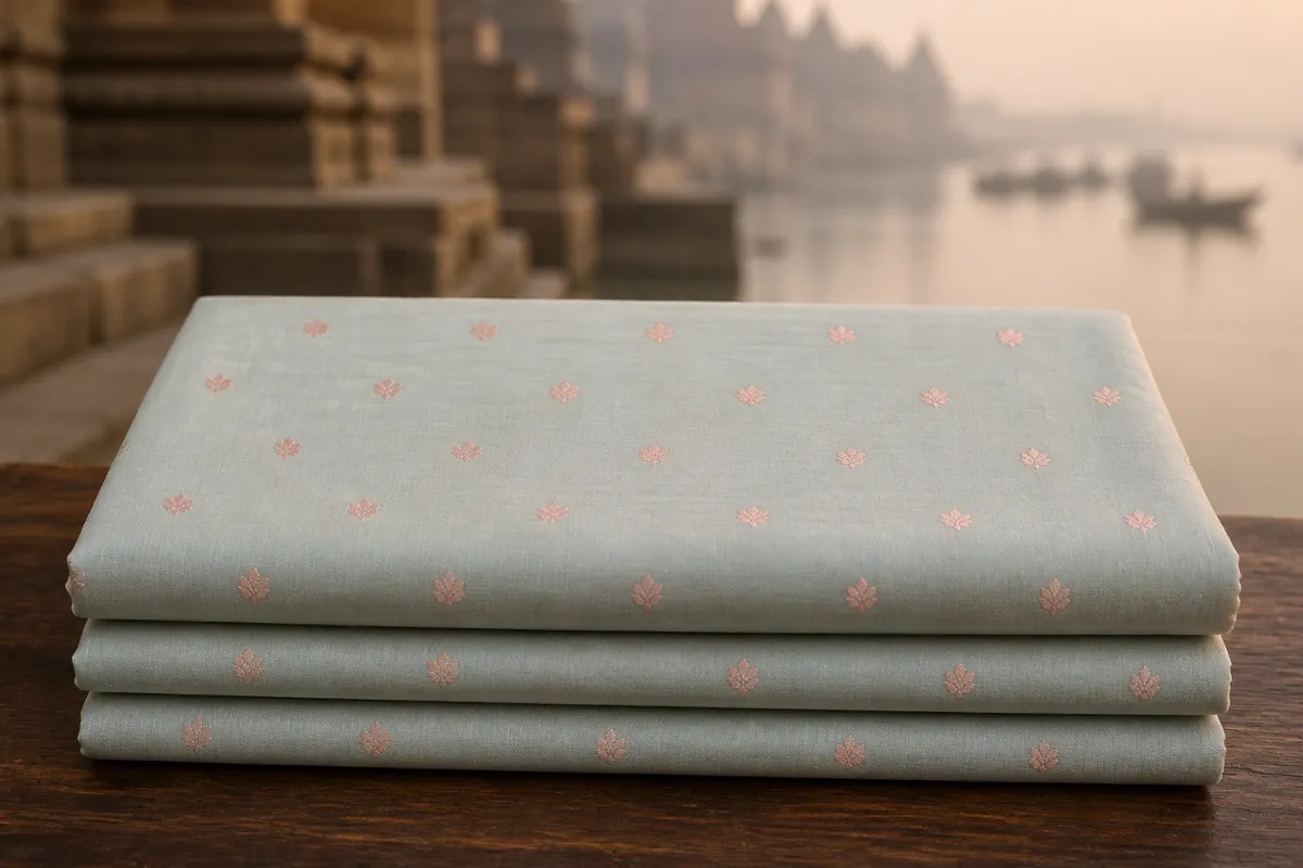 KashiFab_cho_card1_resham_meena_brocade_d29_cover-1 KashiFab Banarasi Resham Zari Meena Brocade folded on table - Banaras fabric cover