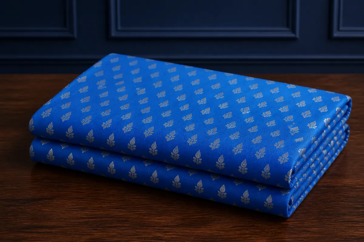 KashiFab_cho_card1_resham_meena_brocade_u08_cover KashiFab Banarasi Resham Zari Meena Brocade folded on table - Banaras fabric cover