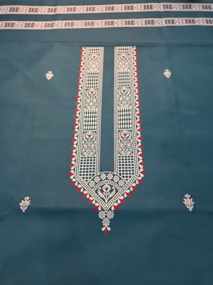 KashiFab poly cotton kurta fabric Blue woven neck collar detail