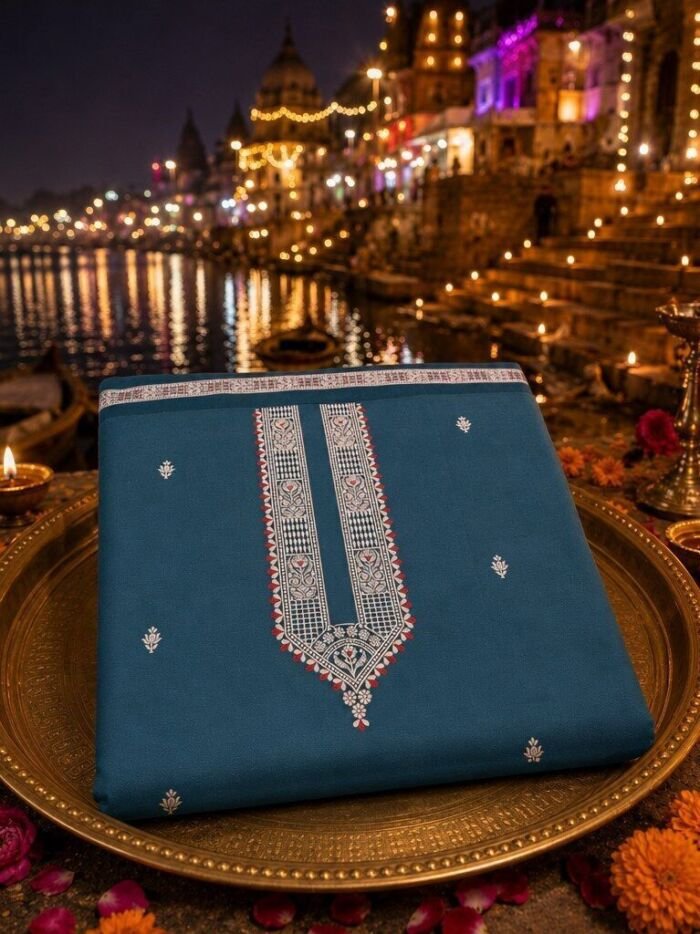 KashiFab cotton weave kurta fabric poly cotton Blue Varanasi ghat lifestyle