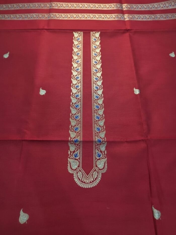 KashiFab Poly Cotton Kurta Fabric Maroon Detail KashiFab poly cotton kurta fabric Maroon woven neck collar detail