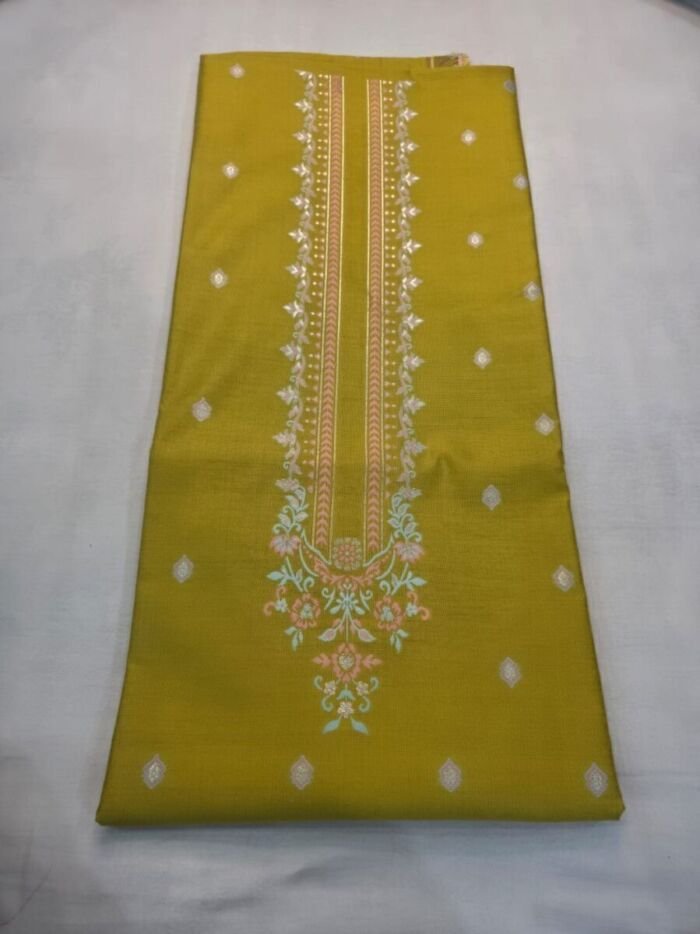 KashiFab Poly Cotton Kurta Fabric Mustard Detail KashiFab poly cotton kurta fabric Mustard woven neck collar detail