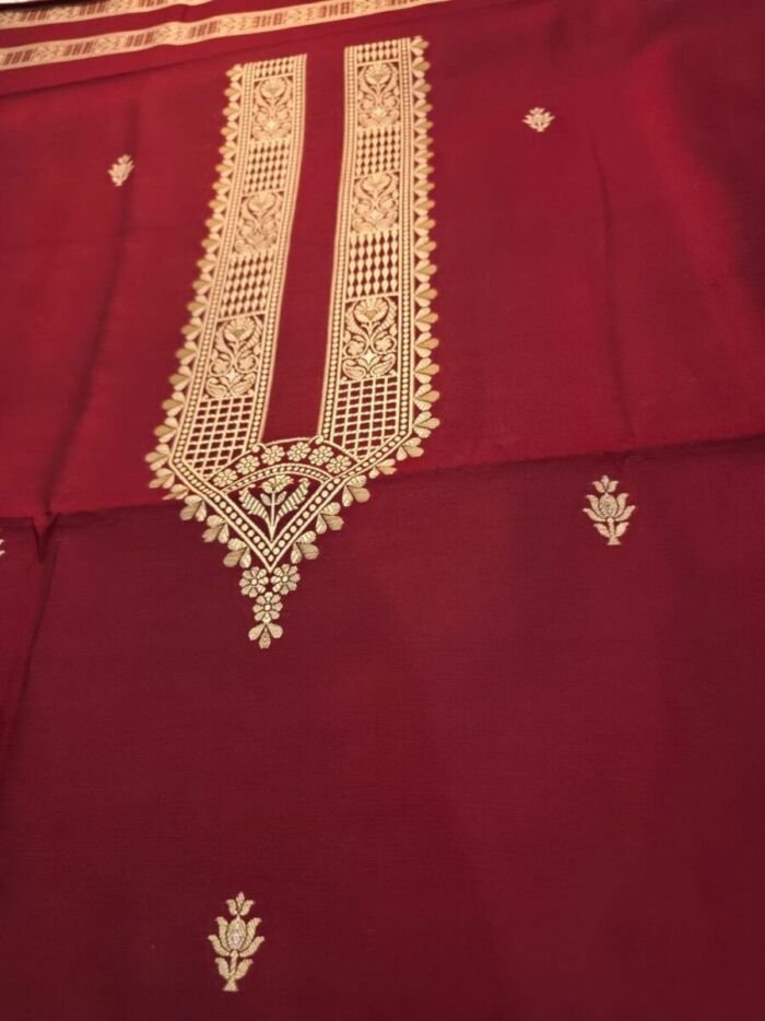 KashiFab Poly Cotton Kurta Fabric Red Detail KashiFab poly cotton kurta fabric Red woven neck collar detail