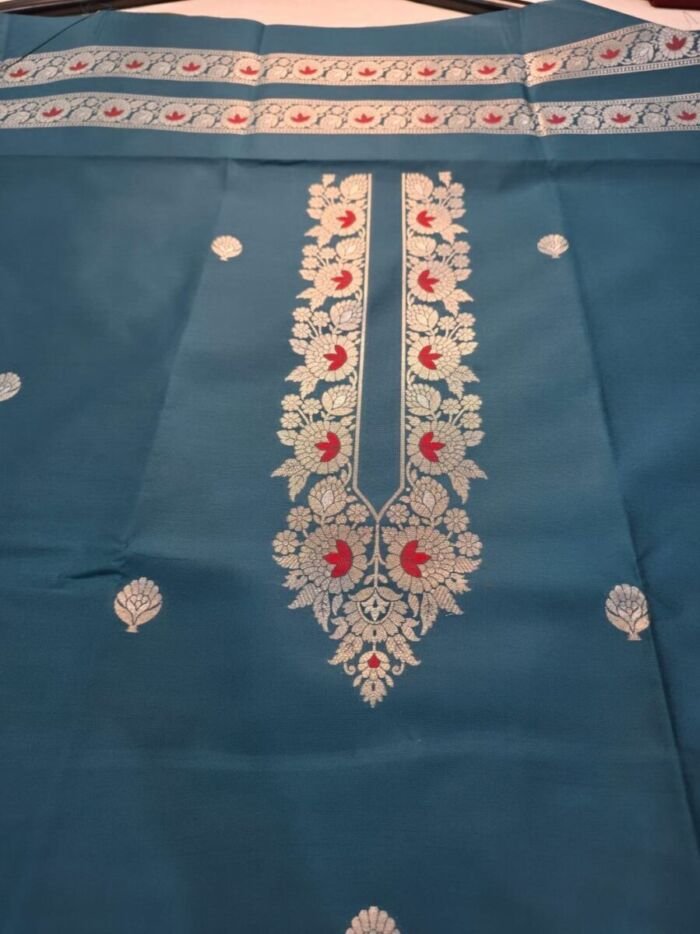 KashiFab poly cotton kurta fabric Royal Blue woven neck collar detail