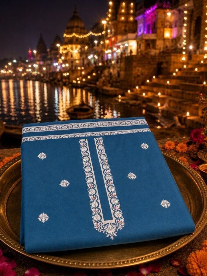 KashiFab Cotton Weave Kurta Fabric Royal Blue Ghat Lifestyle KashiFab cotton weave kurta fabric poly cotton Royal Blue Varanasi ghat lifestyle
