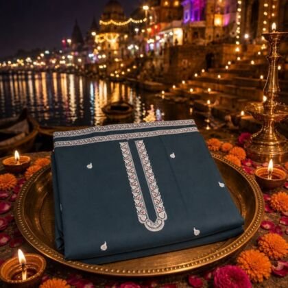 KashiFab cotton weave kurta fabric poly cotton Slate Blue Varanasi ghat lifestyle
