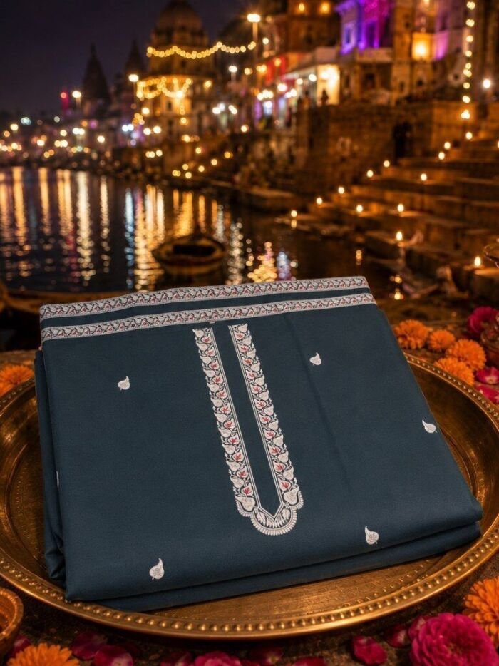 KashiFab Cotton Weave Kurta Fabric Slate Blue Ghat Lifestyle KashiFab cotton weave kurta fabric poly cotton Slate Blue Varanasi ghat lifestyle