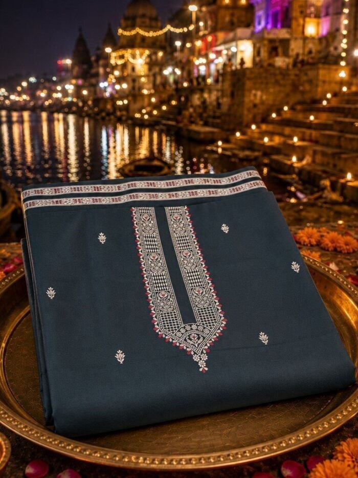 KashiFab Cotton Weave Kurta Fabric Slate Blue Ghat Lifestyle KashiFab cotton weave kurta fabric poly cotton Slate Blue Varanasi ghat lifestyle