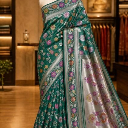 KashiFab Handloom inspired katan meenakari jaal sarees - AYU #7076 lifestyle cover - boutique display
