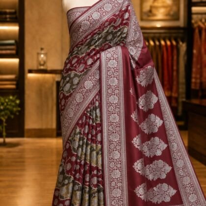 KashiFab Handloom inspired tissue katan sarees - AYU #7083 lifestyle cover - boutique display