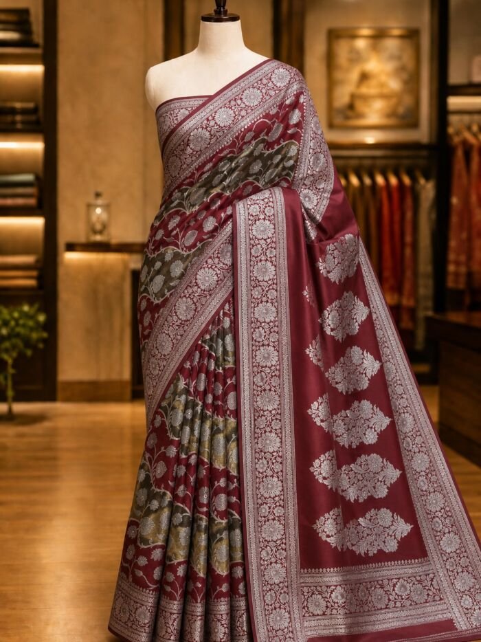 KashiFab lifestyle Handloom inspired tissue katan sarees - AYU #7083 KashiFab Handloom inspired tissue katan sarees - AYU #7083 lifestyle cover - boutique display