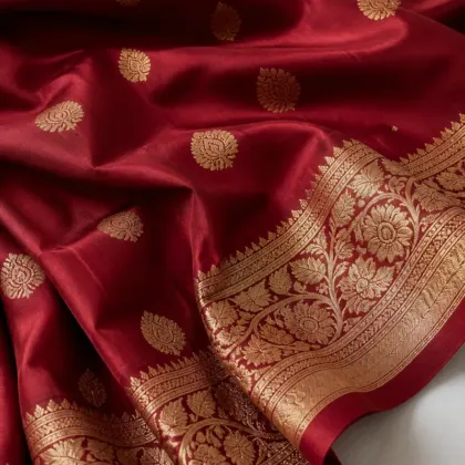 KashiFab Katan silk Banarasi saree fabric - deep maroon with antique gold zari butis online
