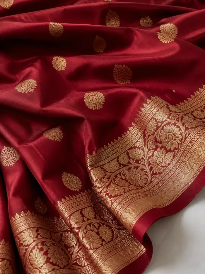 KashiFab Katan silk saree wedding fabric maroon KashiFab Katan silk Banarasi saree fabric - deep maroon with antique gold zari butis online