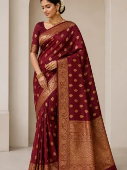KashiFab Katan silk Banarasi saree wedding collection - model in deep maroon with gold zari