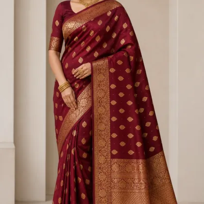 KashiFab Katan silk Banarasi saree wedding collection - model in deep maroon with gold zari