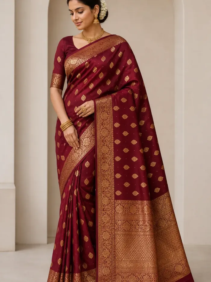KashiFab Katan silk saree wedding model maroon KashiFab Katan silk Banarasi saree wedding collection - model in deep maroon with gold zari