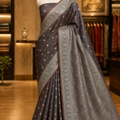 KashiFab Mashru katan sarees with interlock resham weave sarees - AYU #7115 lifestyle cover - boutique display