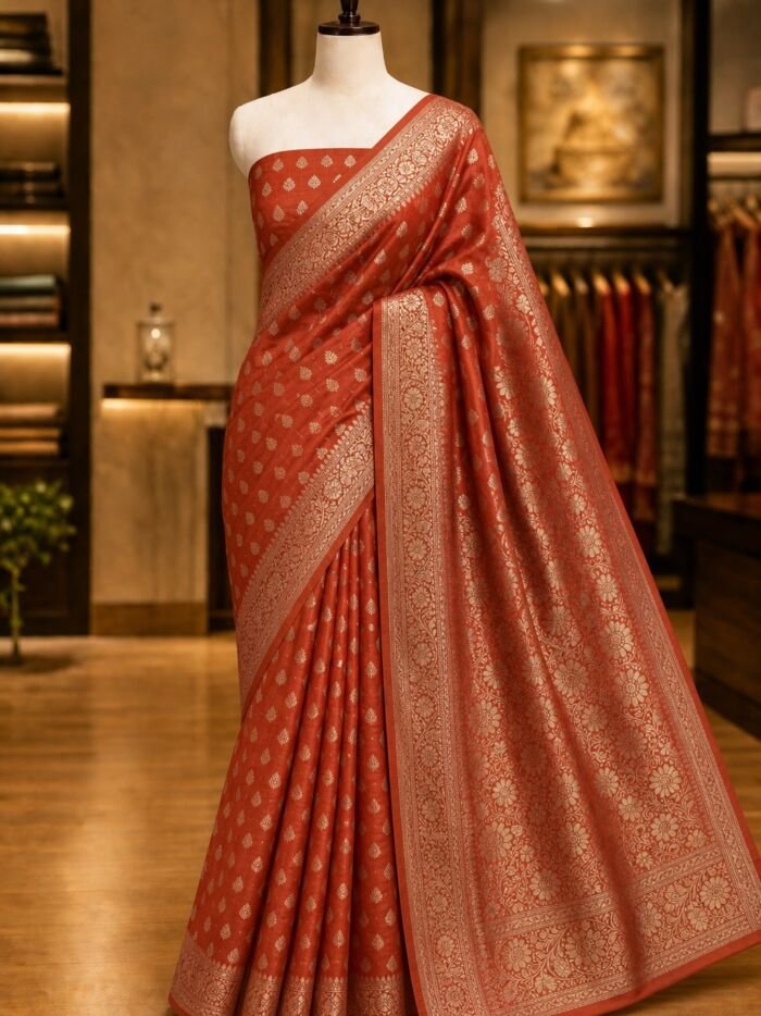 KashiFab lifestyle Moonga silk sarees with self weave - AYU #7133 KashiFab Moonga silk sarees with self weave - AYU #7133 lifestyle cover - boutique display