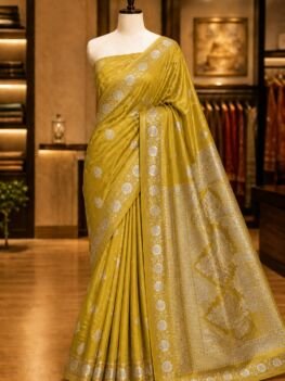 KashiFab Mulberry silk saree with satin alfi border - AYU #7142 lifestyle cover - boutique display