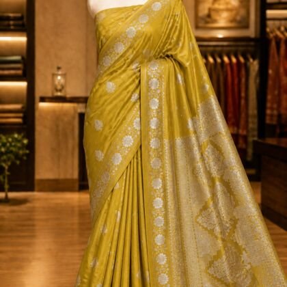 KashiFab Mulberry silk saree with satin alfi border - AYU #7142 lifestyle cover - boutique display