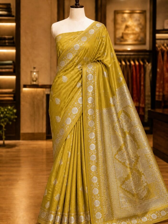 KashiFab Mulberry silk saree with satin alfi border - AYU #7142 lifestyle cover - boutique display