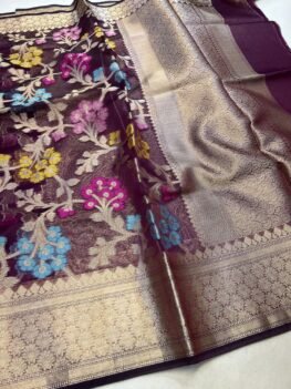 KashiFab Organza silk saree with resham meena jaal online - Banaras / Varanasi silk saree