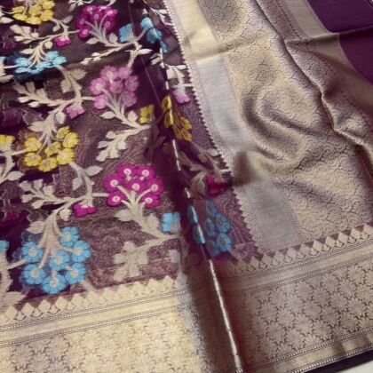KashiFab Organza silk saree with resham meena jaal online - Banaras / Varanasi silk saree