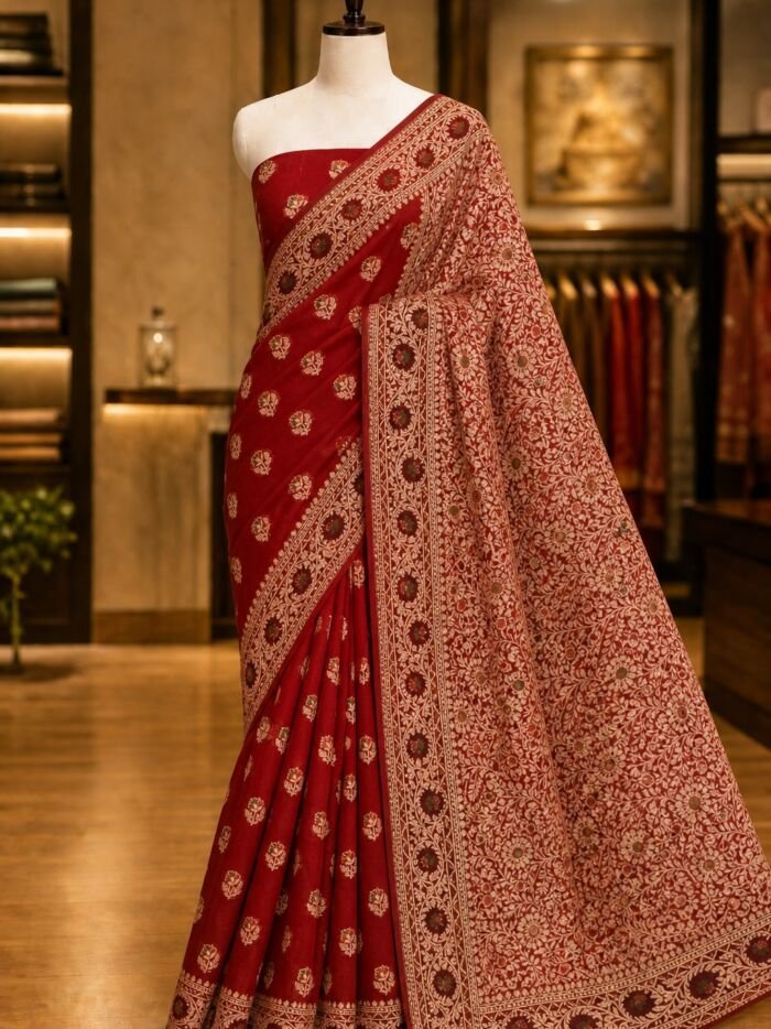 KashiFab Pure Khaddi Georgette resham meenakari buti sarees - AYU #7204 lifestyle cover - boutique display