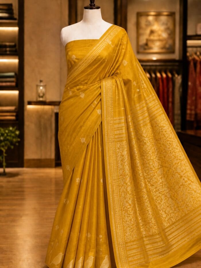 KashiFab lifestyle Pure Mashru Katan Saree - AYU #10670 KashiFab Pure Mashru Katan Saree - AYU #10670 lifestyle cover - boutique display