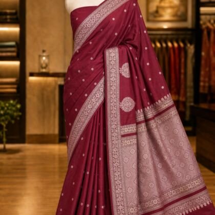 KashiFab Raw mango chiniya silk sarees - AYU #7213 lifestyle cover - boutique display